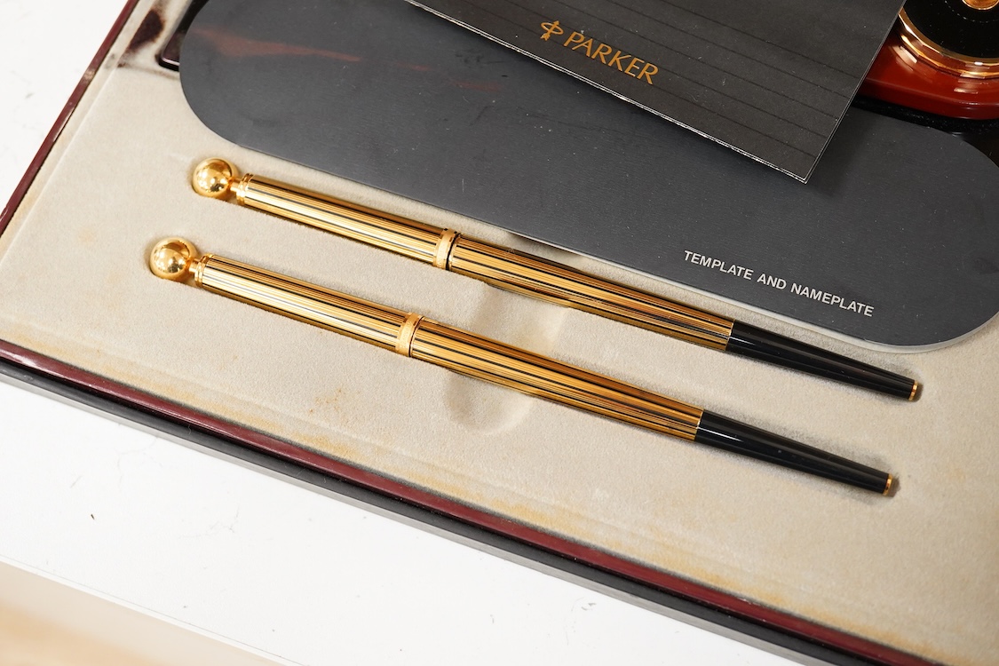 A Parker Premier Urushi lacquer desk set with Premier rollerball pens - rare example of a Parker Limited Edition